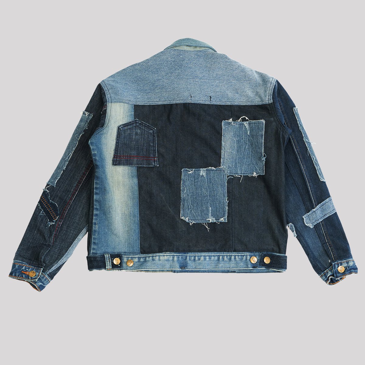 Unisex Upcycled Blue Denim Jacket In Patchwork Design